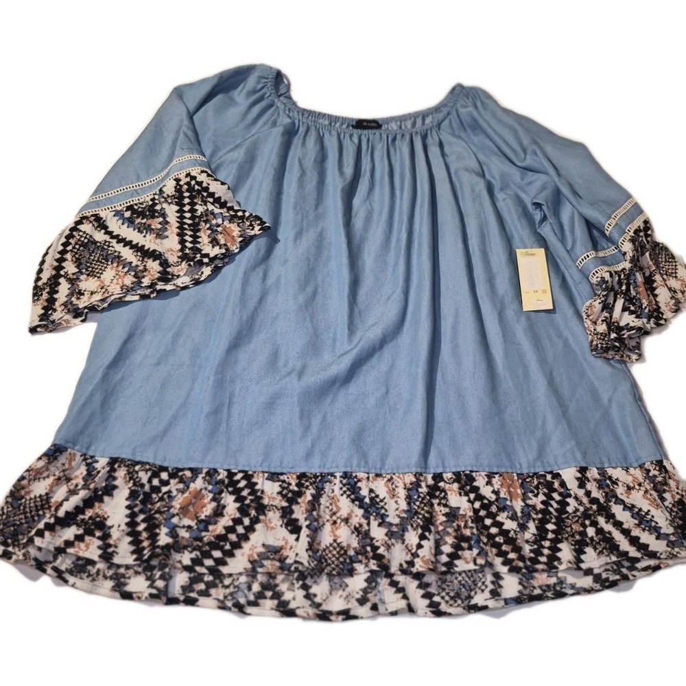 Ali Miles Chambray Tencel Blouse with Colorful Hem  Boho Peasant Size 2X NWT